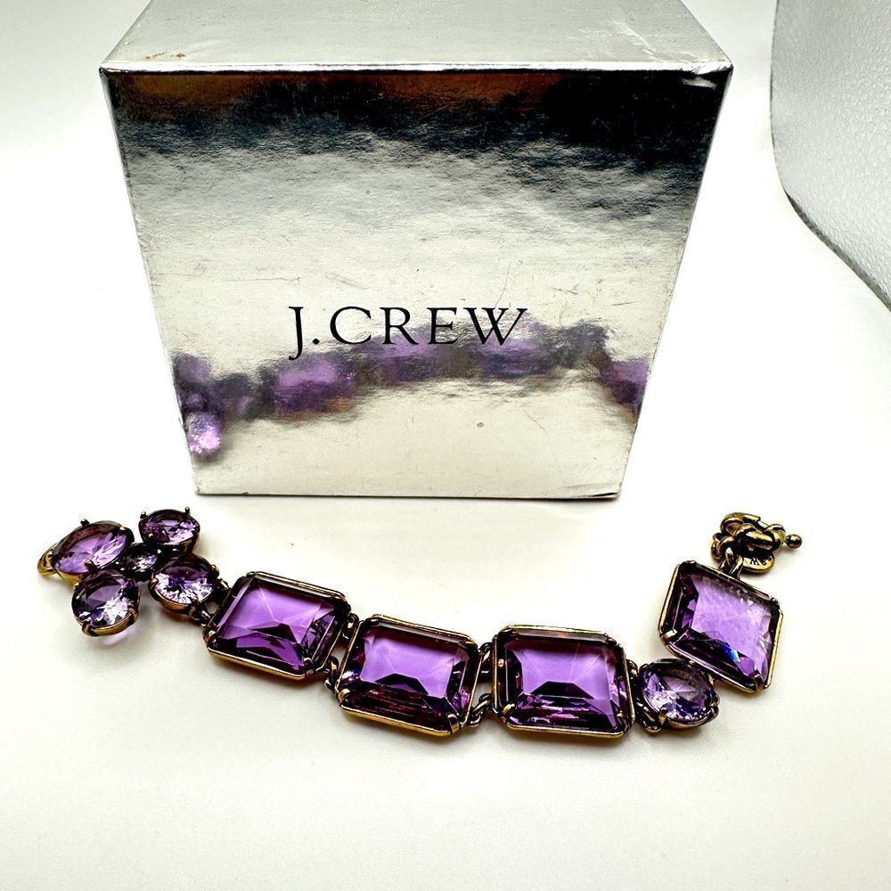 RARE J. Crew‎ Mid-2000s, purple glass and brass hardware bracelet with box!